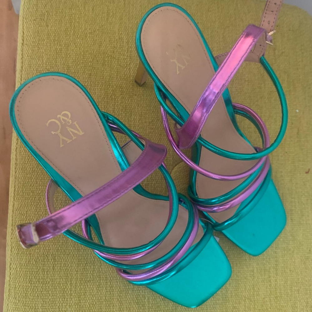 Purple & Green open toe heels (4 in) (gold heel)